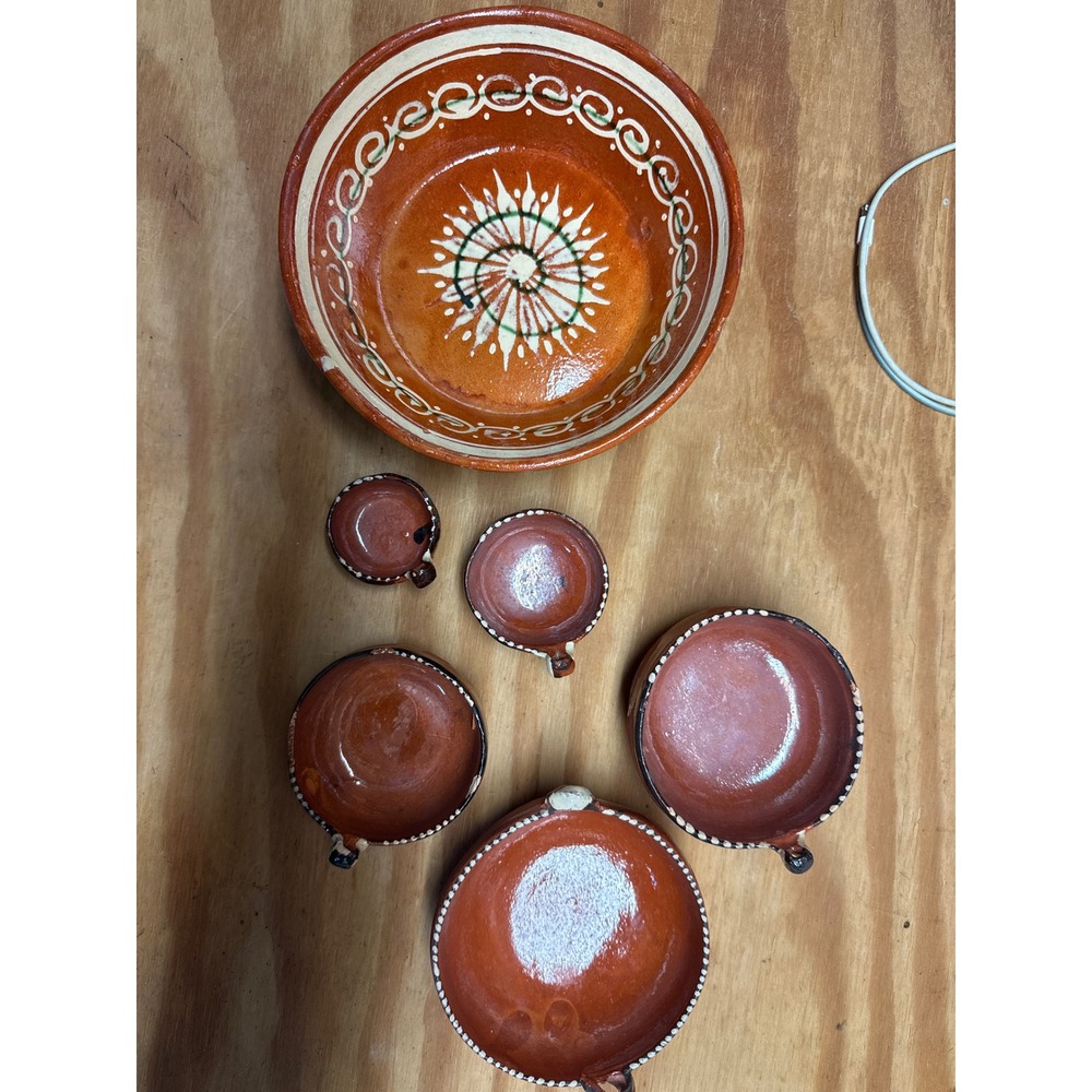 Vintage Mexican Folk Art Terracotta Pottery Set Hand Painted Red Clay 6 Piece